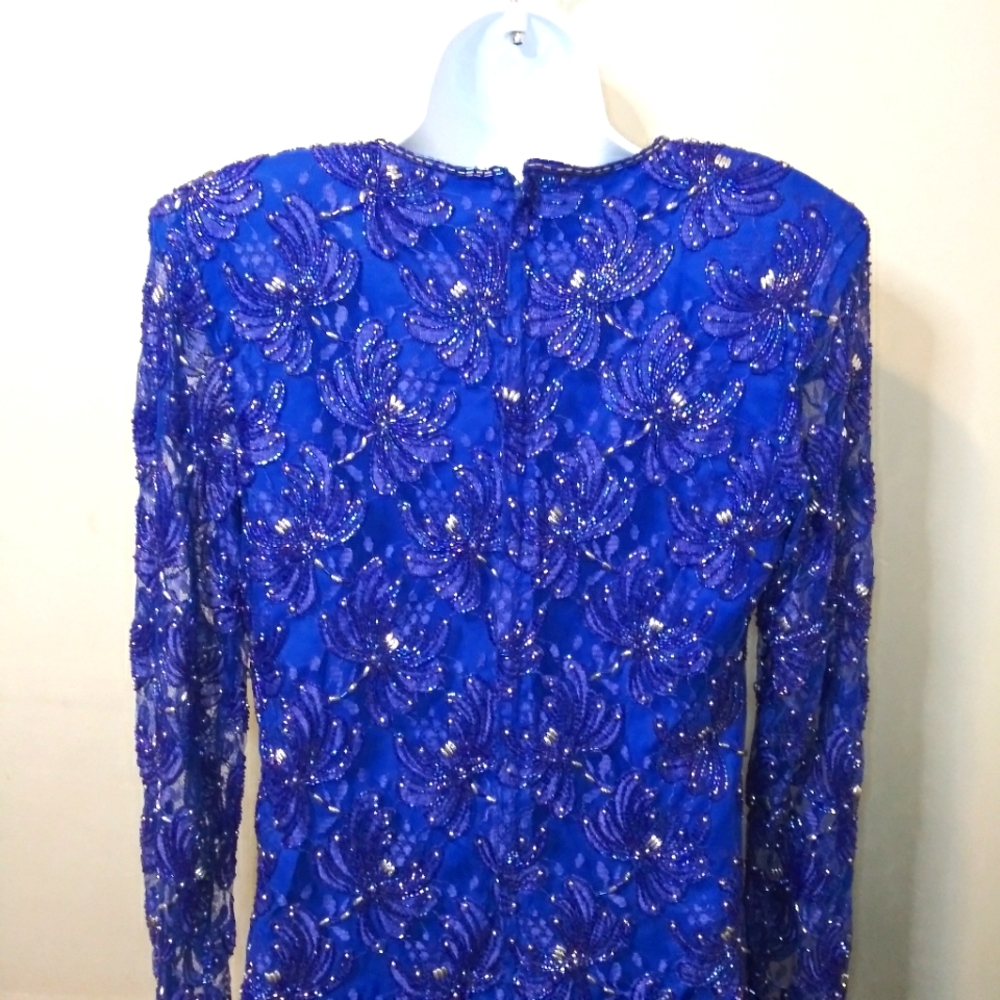 Vintage 1980's Robert Anthony Royal Blue & Purple Beaded Cocktail Dres - Picture 9 of 14